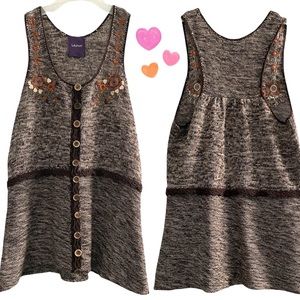 Lulumari boho knit sweater tank w/ embroidery & sequins, 100% cotton, brown tan